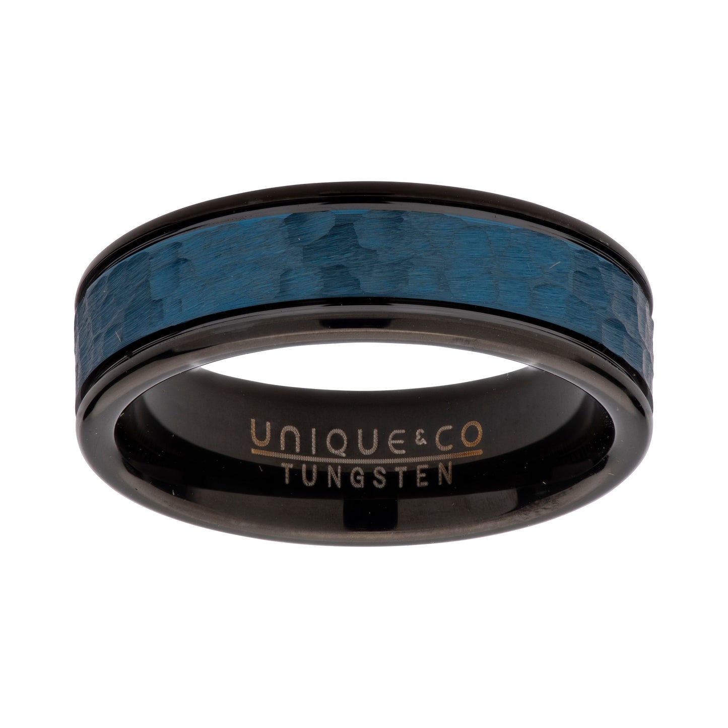 Unique & Co Tungsten Carbide ring Hammered with Black and Blue Ring TUR-98