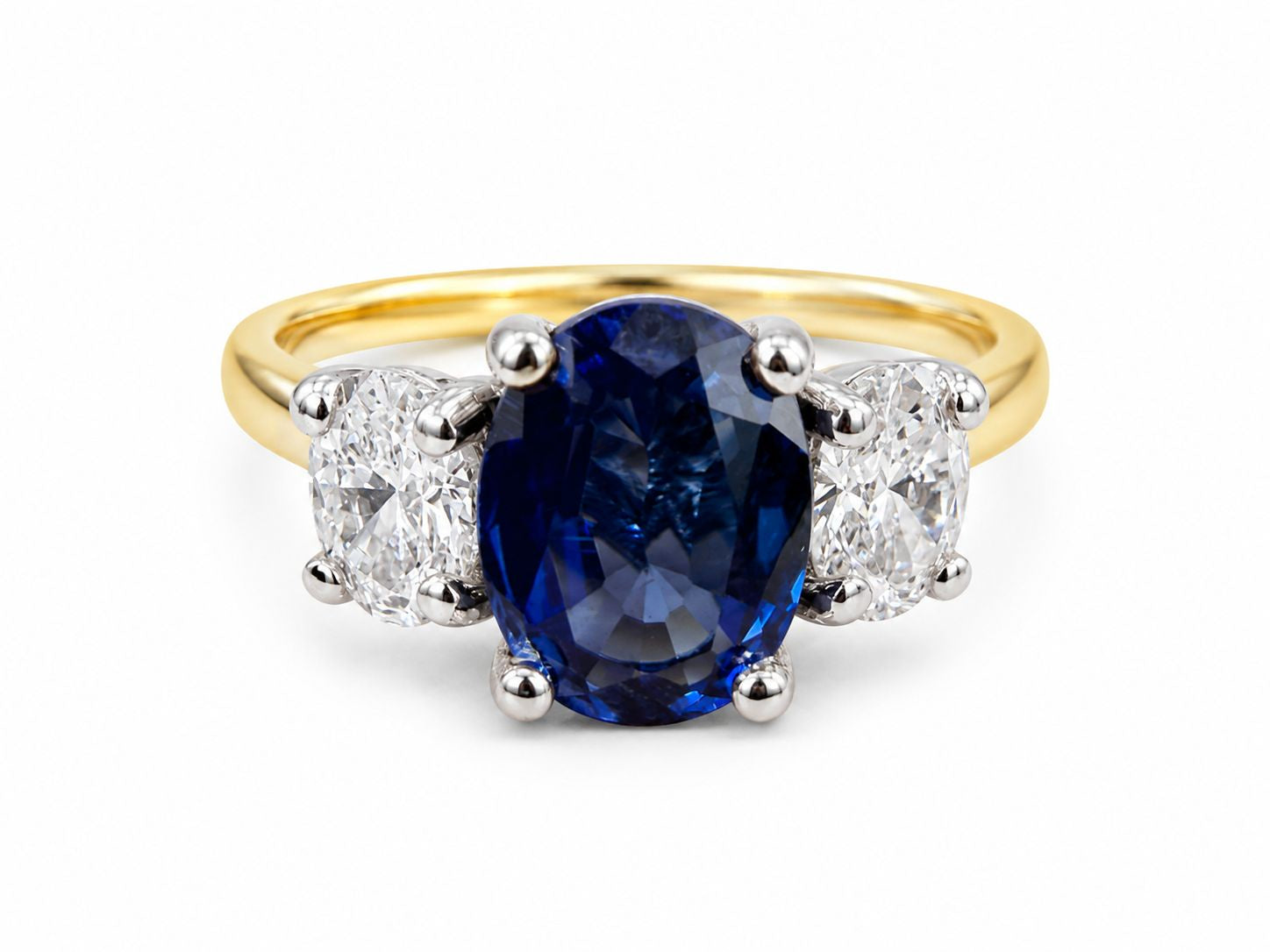 18ct Gold & Platinum Lab Grown Sapphire & Diamond Oval Cut Trilogy Ring