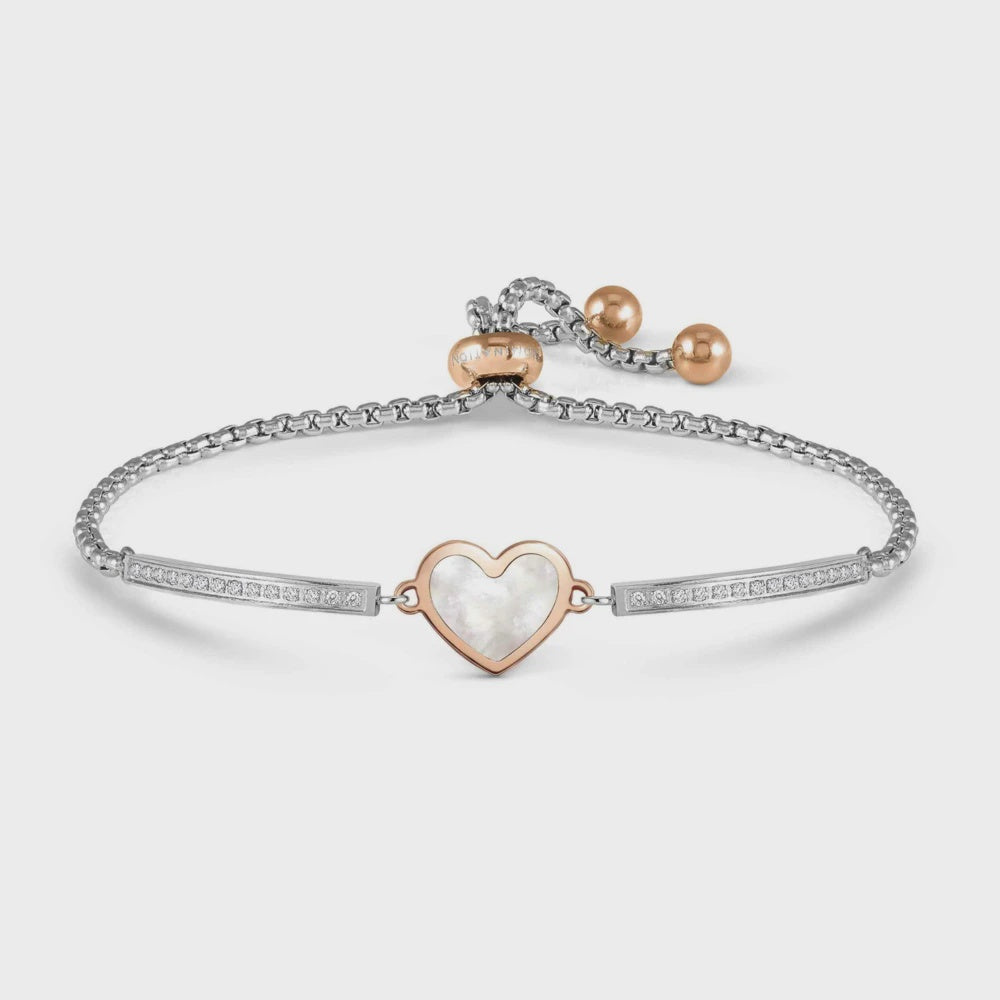 Nomination Milleluci Bracelet, Ed. Beloved In Steel, Stone, And Cubic Zirconia White Mother-of-pearl Heart Rose 028031-069
