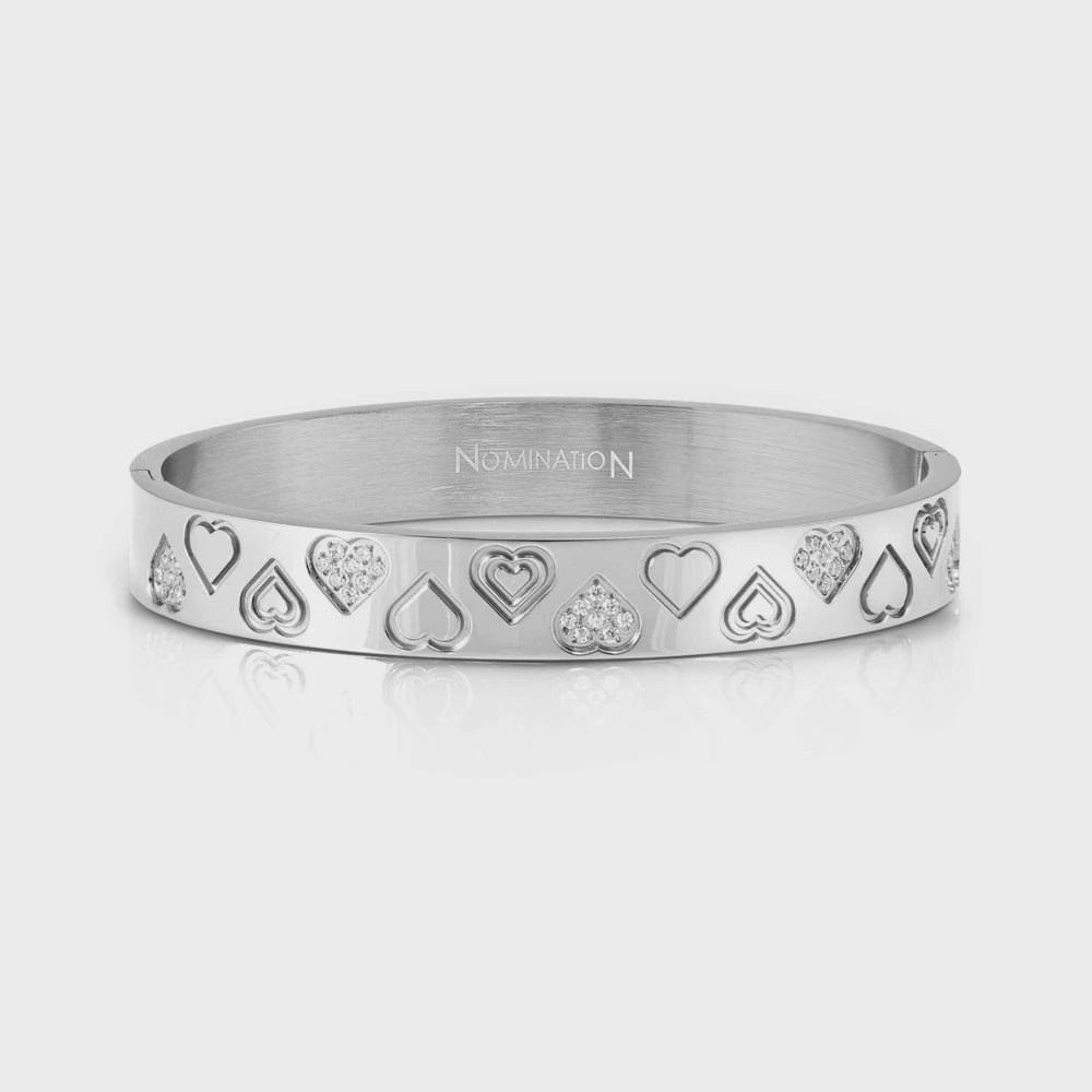 NOMINATION Pretty Bangles Satinshine In Steel (wide) And Cz Pave Symbols (large Size) Heart  029542/004