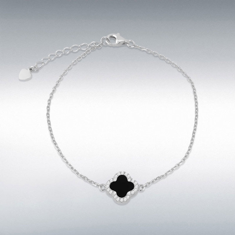 Sterling Silver Black Agate Clover Bracelet