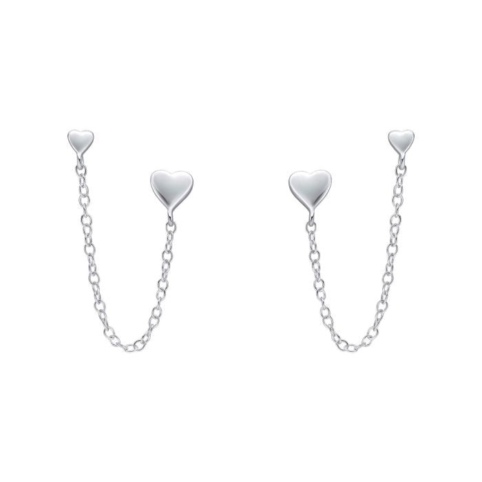 Silver Heart Chain Connector Double Stud Earrings E6573