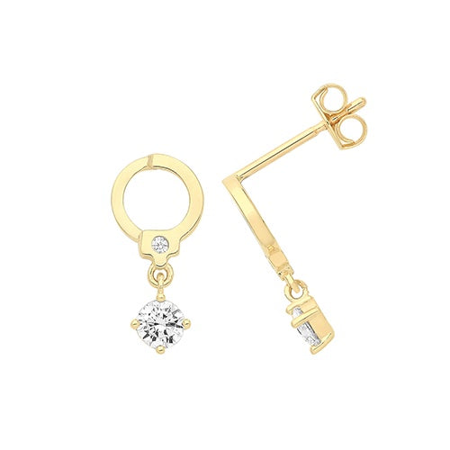 9ct Yellow Gold Handcuff Stud Earrings with Hanging CZ