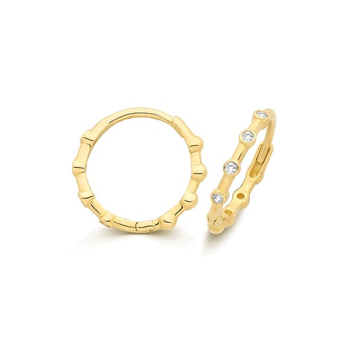 9ct Yellow Gold CZ Beaded Hinged Hoop Earrings ES2244