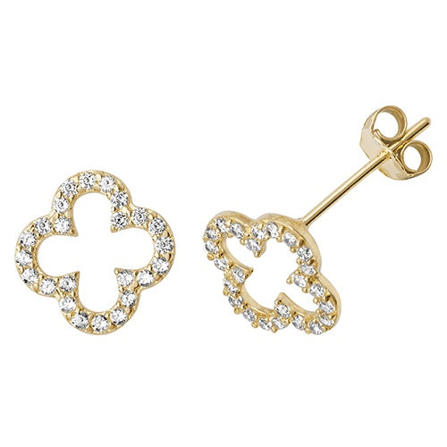 9ct Yellow Gold CZ Open Clover Stud Earrings ES510