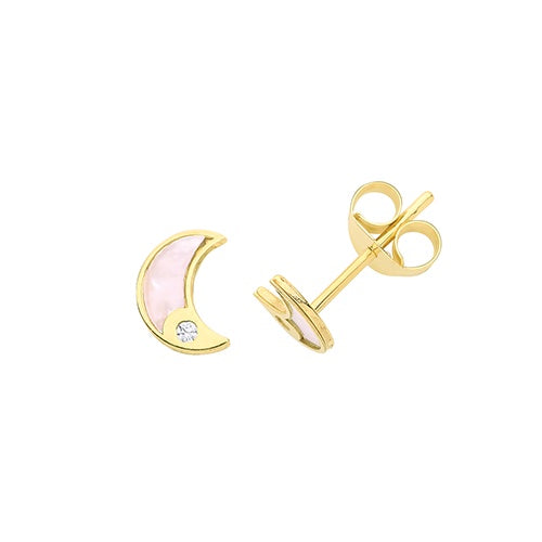 9ct Yellow Gold Mother of Pearl & CZ Moon Stud Earrings