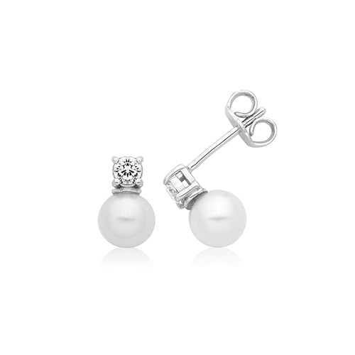 Silver 6mm Fresh Water Pearl & CZ Stud Earrings