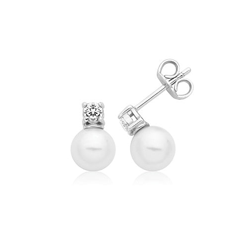 Silver 7mm Fresh Water Pearl & CZ Stud Earrings