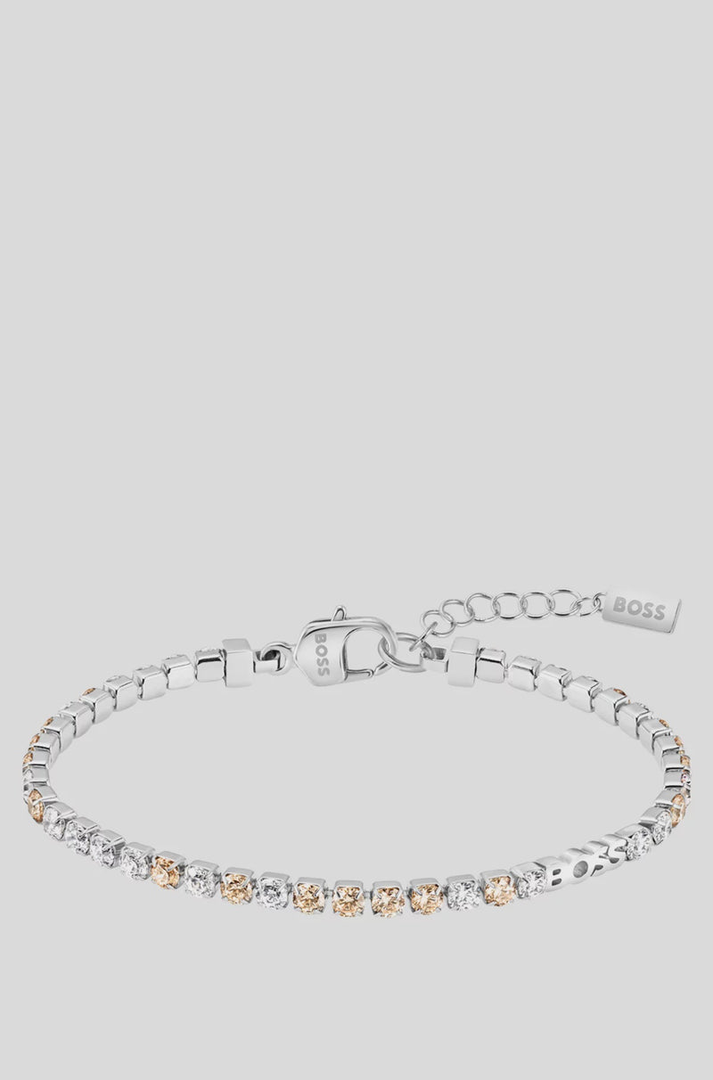 Boss SIlver Tone Tennis Bracelet with Clear and Champagne Crystals 1580633