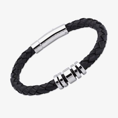 Unique & Co Black Leather Bracelet with Steel Elements A65BL
