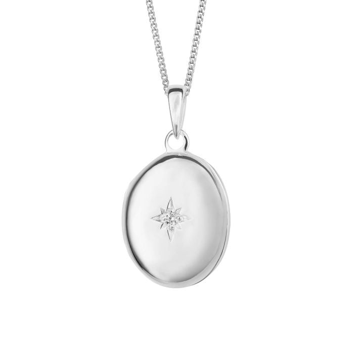 Silver Engravable Oval Locket Pendant with Starburst CZ P5230C