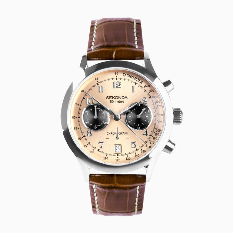 Sekonda Mens Silver Archer Watch with Brown Strap 30236