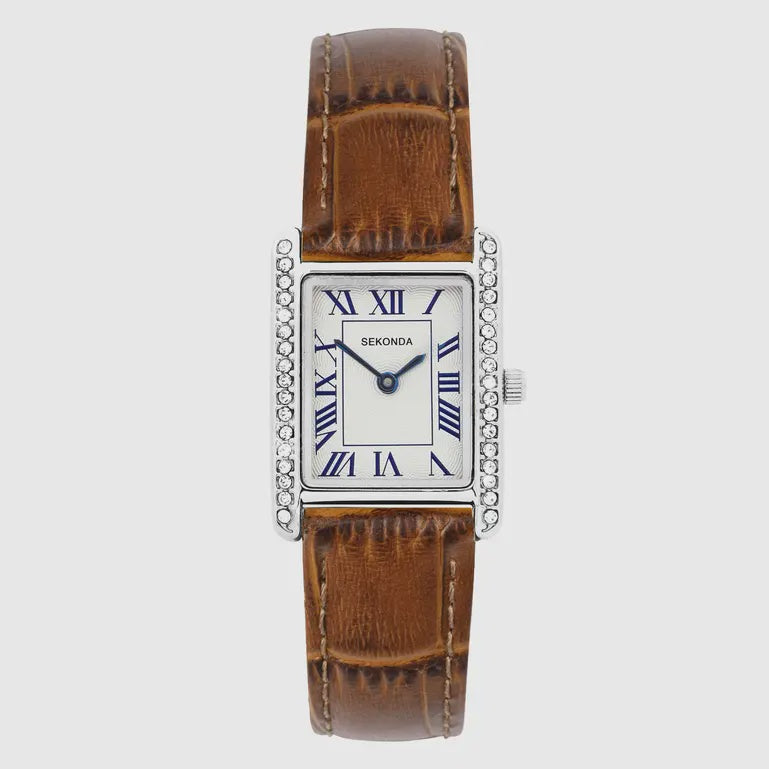 Sekonda Watch Colette Ladies Stone Set Watch Silver Case and Brown Leather Strap 40736