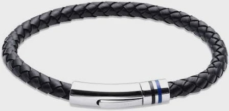 Unique & Co Black Leather Bracelet with Black/Blue Enamel B515BL