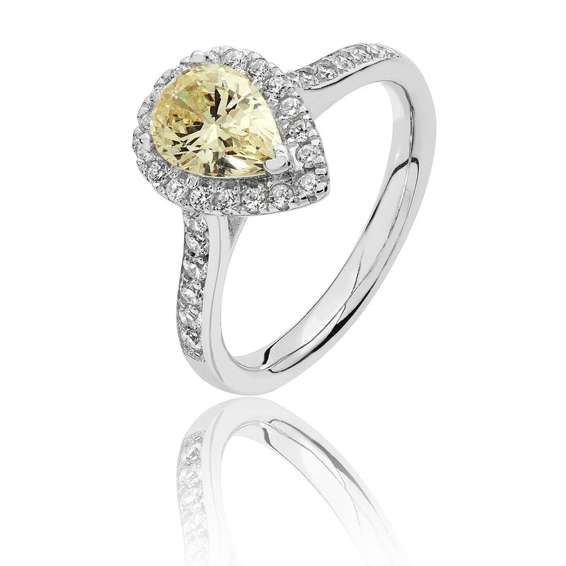 Silver Large Claw set Pear Shape Yellow CZ halo ring SRG0016YZ