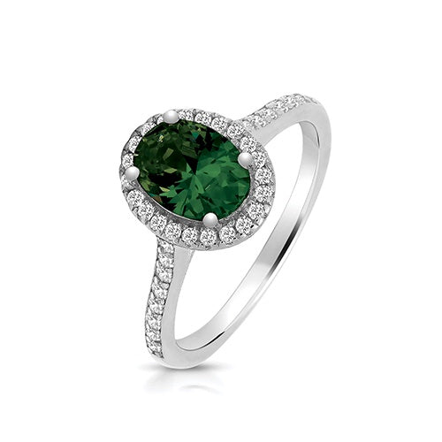 Silver Claw Set Halo Ring Oval Green CZ SRG0025EM