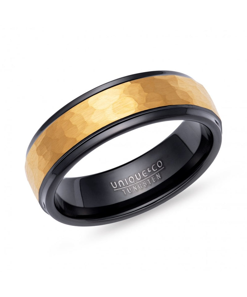 Unique & Co Tungsten Carbide Ring Hammered Black/Yellow Gold TUR-164