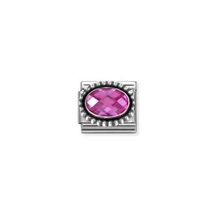 NOMINATION Silver Oval Faceted Fuchsia Pink Stone Oxidized Beaded Setting 330607-030