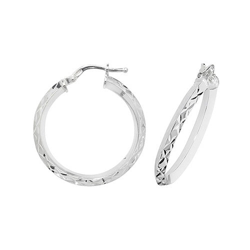 Silver 20mm Diamond Cut Bevelled Hoop Earrings