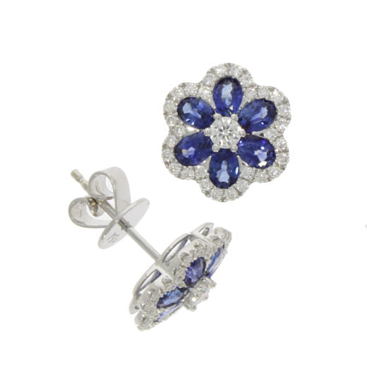 18ct Gold Sapphire & Diamond Earrings - Flower Design