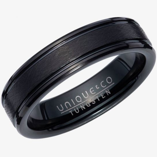 Unique Mens Tungsten Brushed & Polished Black IP Plated 6mm Ring TUR-133