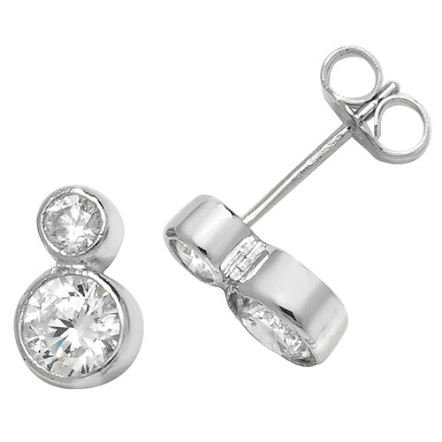 Silver Round Double CZ Stud Earrings