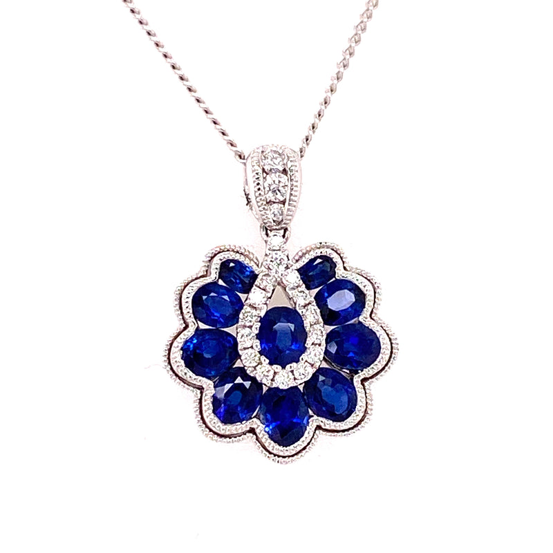 18ct Gold Sapphire & Diamond Pendant - Teardrop & Flower Design