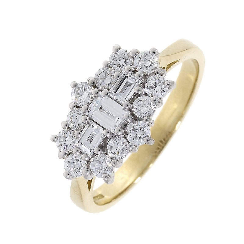 18ct Gold Diamond Baguette & Brilliant Cut Cluster Ring 0.87ct