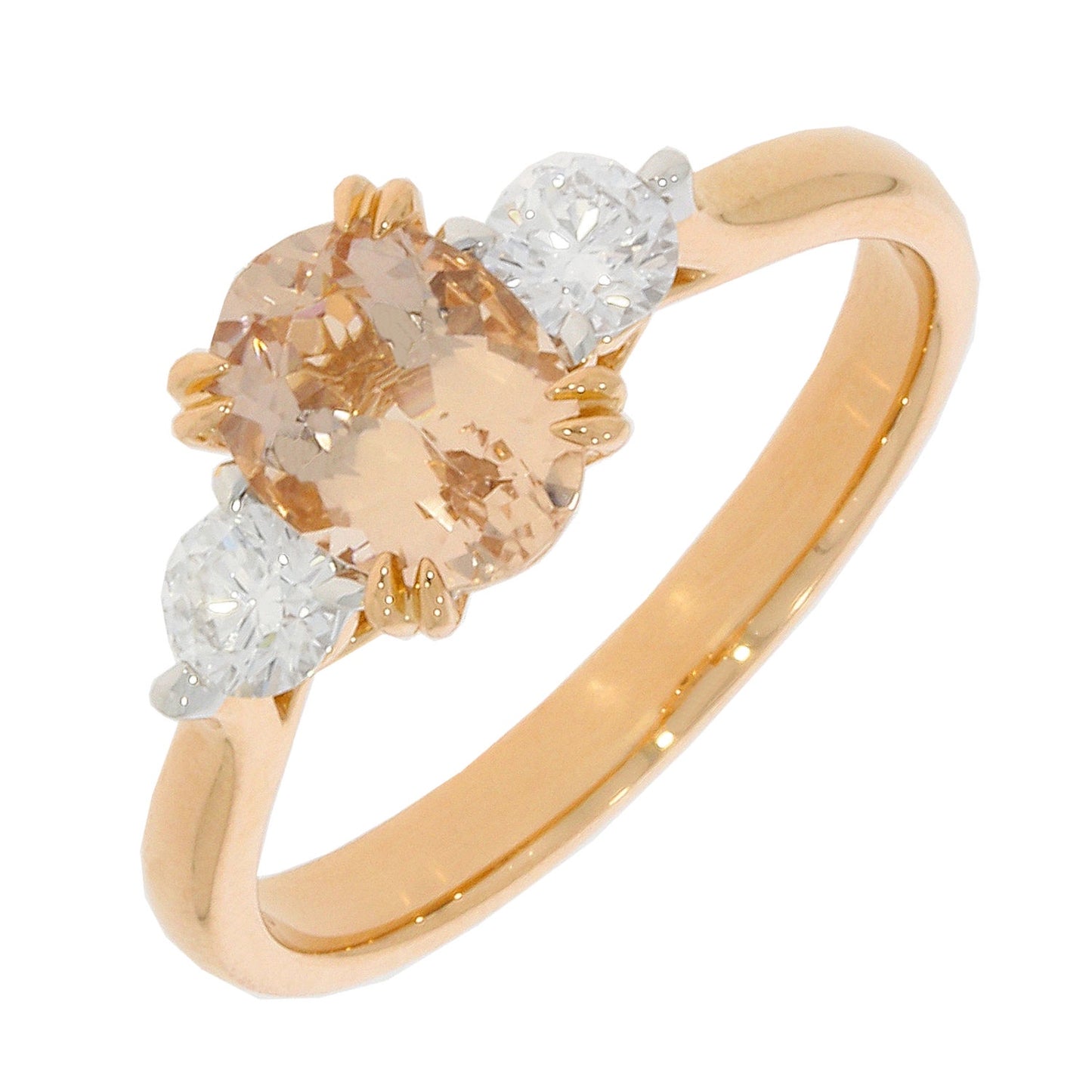 18ct Rose Gold Morganite & Diamond Trilogy Ring