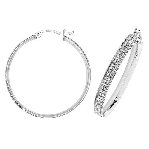 Silver 30mm Square Detailed Moondust Hoop Earrings
