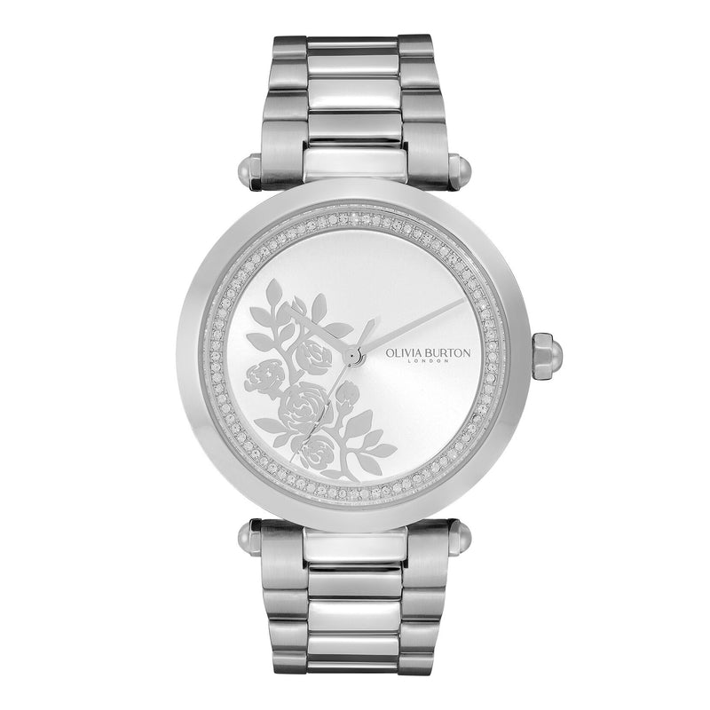 Olivia Burton 34mm Floral T-Bar White & Silver Bracelet Watch 24000042