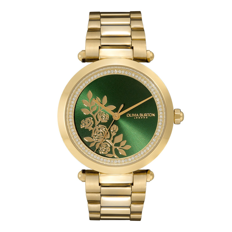 Olivia Burton 34mm Floral T-Bar Green & Gold Bracelet Watch 24000043