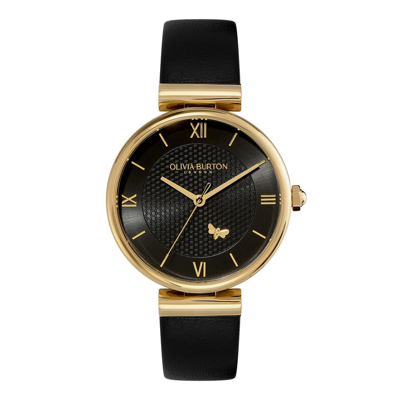 Olivia Burton Signature Minima Bee T-Bar Gold & Black Leather Strap Watch 24000099