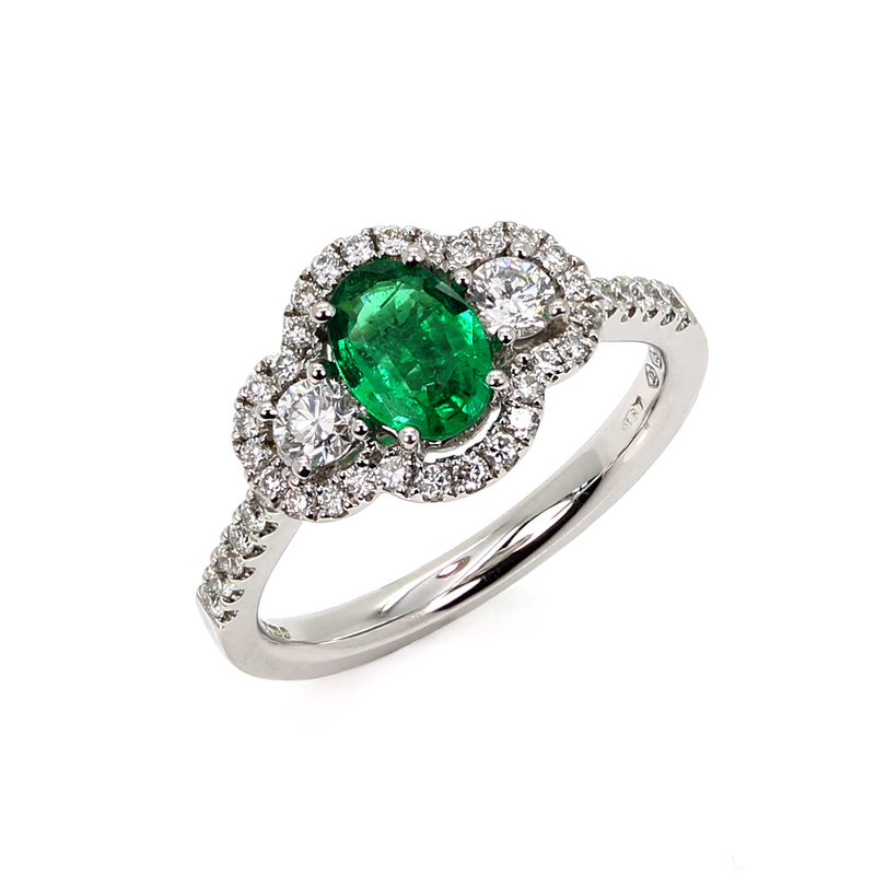 18ct White Gold Emerald & Diamond Trilogy Halo Ring - 6349