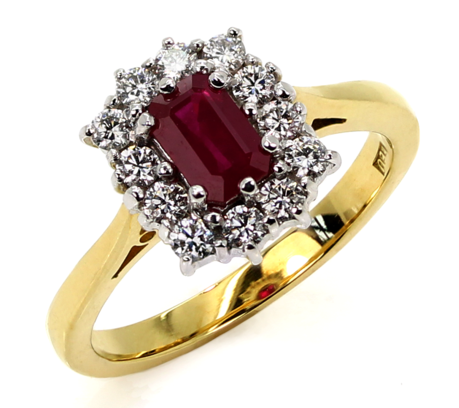 18ct Gold Ruby & Diamond Cluster Ring - Emerald Cut