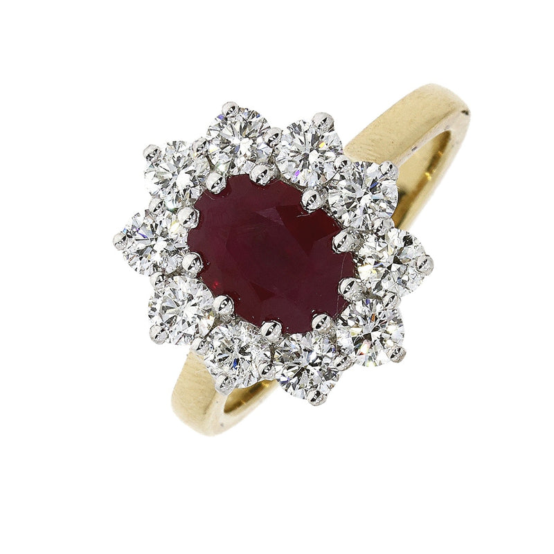 18ct Yellow & White Gold Oval Ruby Diamond Cluster Ring
