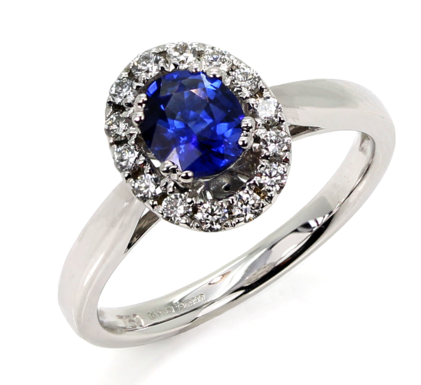 18ct White Gold Sapphire & Diamond Halo Ring - R3075