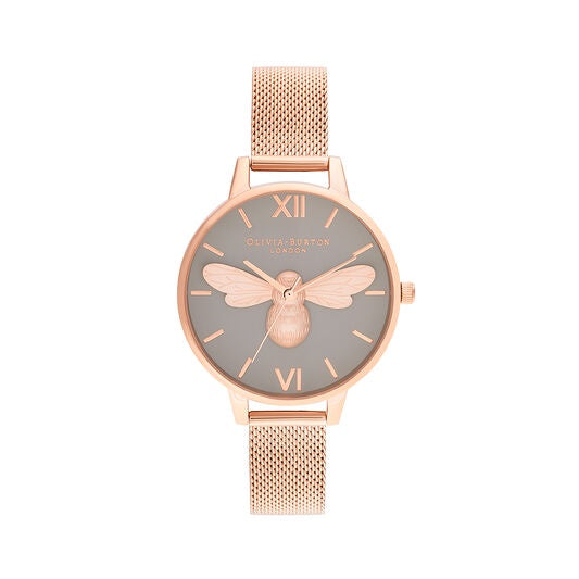 Olivia Burton Lucky Bee, Grey Dial & Rose Gold Mesh OB16FB10