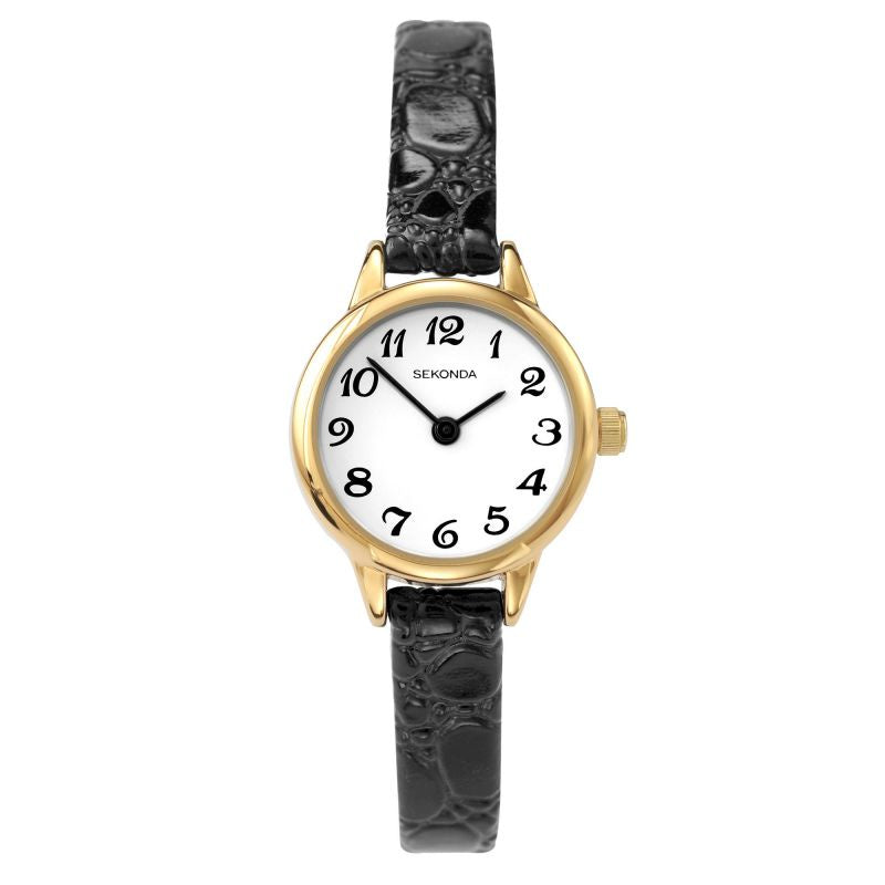 Sekonda Ladies Watch with Gold Case, White Dial & Black Leather Strap 4473