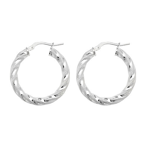 Silver 20mm Diamond Cut Twisted Hoop Earrings