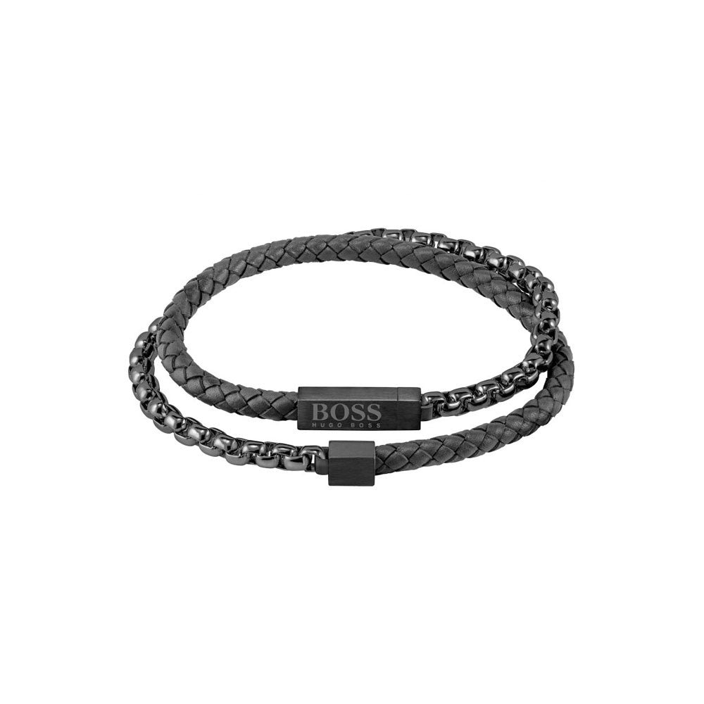 BOSS Blended Men's IP & Black Leather Bracelet 1580150M