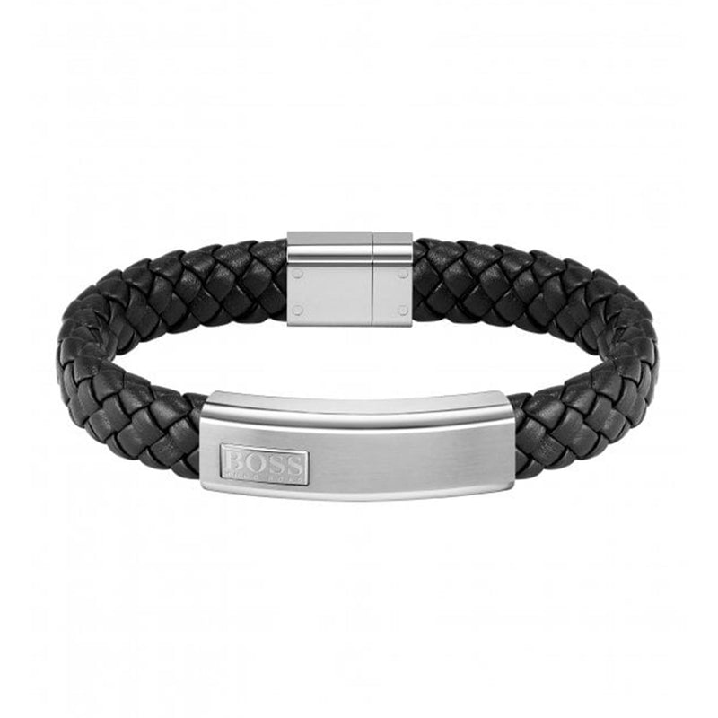 BOSS Lander Men's Black Leather Braided Bracelet 1580178M