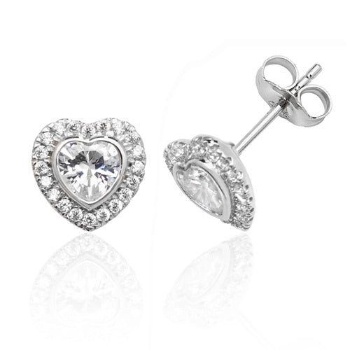 Silver Bezel Set Heart Shape Halo Style Stud Earrings