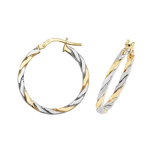 9ct Yellow/White Gold Twisted 20mm Hoop Earrings