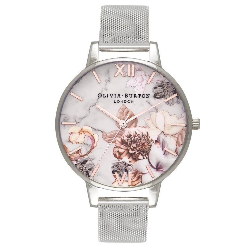Olivia Burton Marble Floral Silver Mesh Watch OB16CS10
