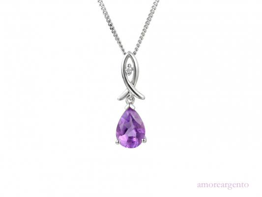 Silver Pear Shaped Drop Amethyst Necklace