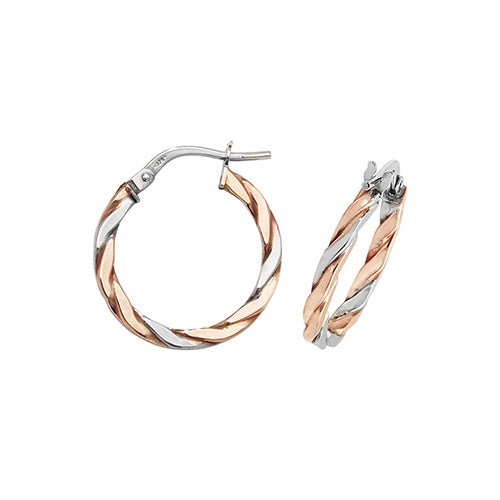 9ct Rose/White Gold Twisted 15mm Hoop Earrings