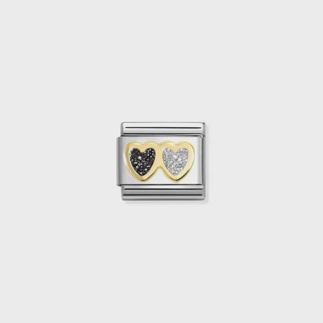 Nomination 18k Gold Black & Silver Glitter Double Heart Charm 030220/15