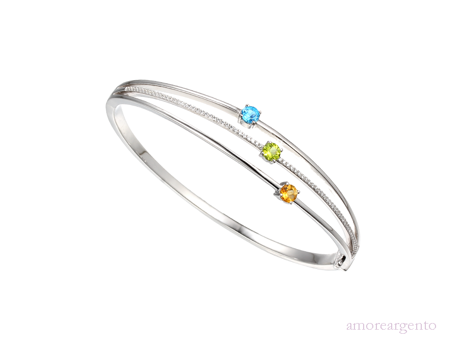 Amore Silver 3 Row Bangle Blue Topaz, Peridot, Citrine & CZ