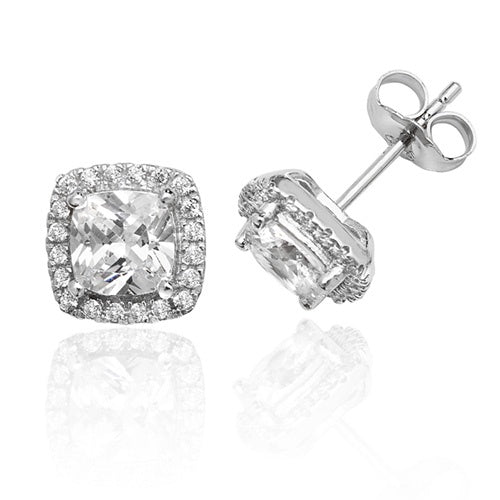 Silver Claw Set Halo Style Cushion CZ Stud Earrings